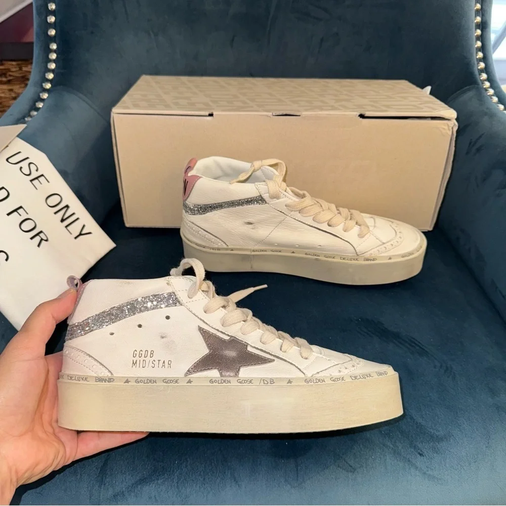 New Size 36 Golden Goose Hi Mid Star Classic Sneakers White Bronze Silver